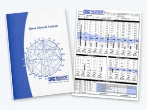 Sample Hair Tissue Mineral Analysis (HTMA) report showing the ARL Tissue Mineral Analysis cover beside an Analytical Research Labs mineral analysis report.