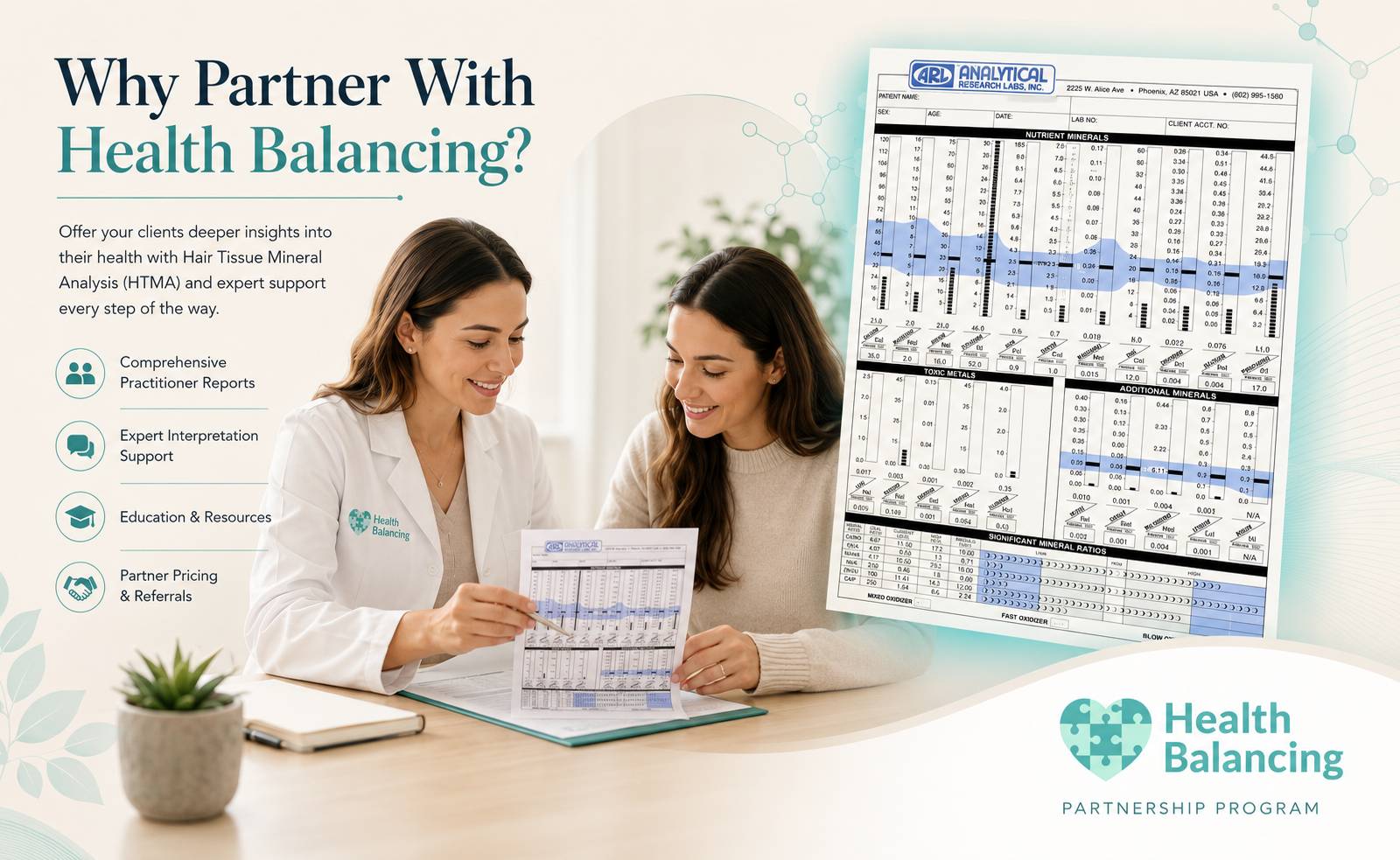 Why Partner With Health Balancing? Practitioner discussing Hair Tissue Mineral Analysis (HTMA) report with a client, highlighting practitioner support, education, comprehensive reports, and partnership program.