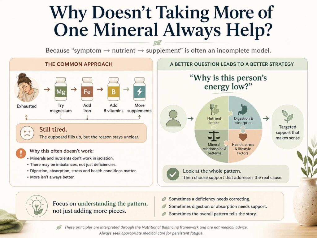 Infographic explaining why taking more of one mineral may not resolve fatigue and why nutrition, digestion, mineral relationships and lifestyle should be considered together.