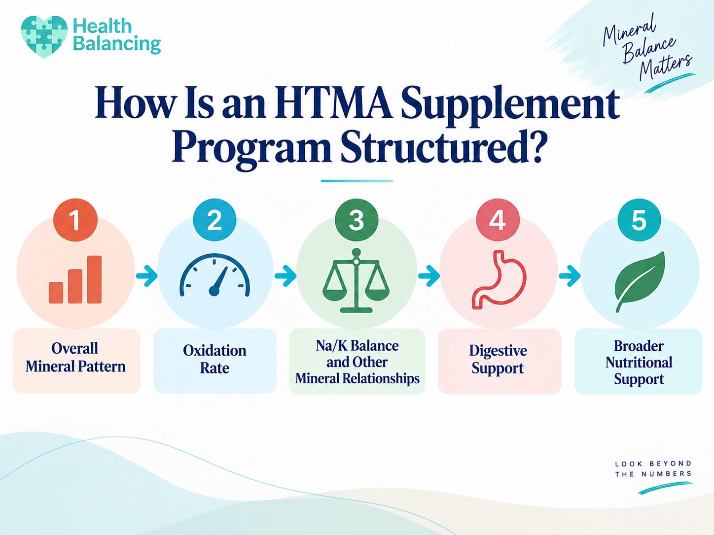 htma-supplement-program-structure HTMA supplement program structure showing five steps from overall mineral pattern to broader nutritional support